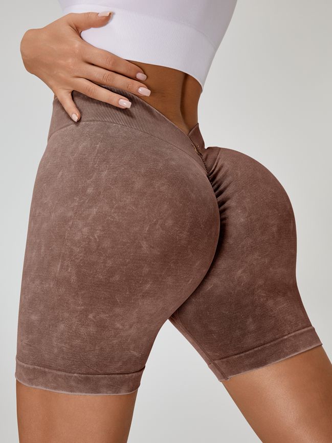 BUYCO Female Deep V Back Faux Denim Ruched Back Spandex Gym Fit Shorts