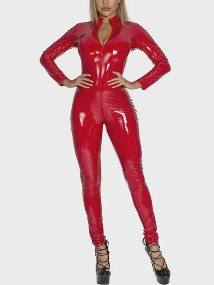BUYCO Female Zipper Glossy PU Faux Leather Jumpsuit