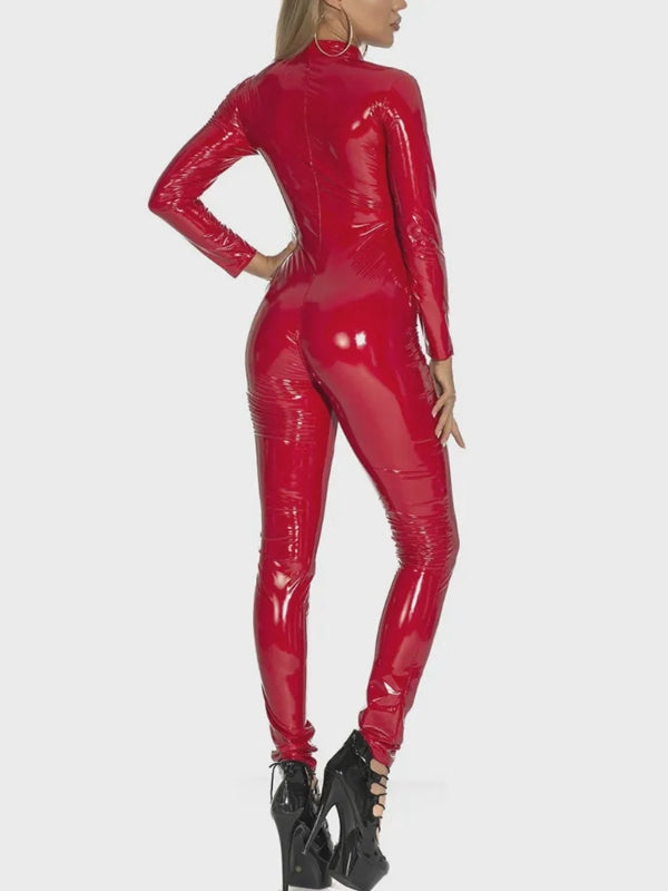 BUYCO Female Zipper Glossy PU Faux Leather Jumpsuit