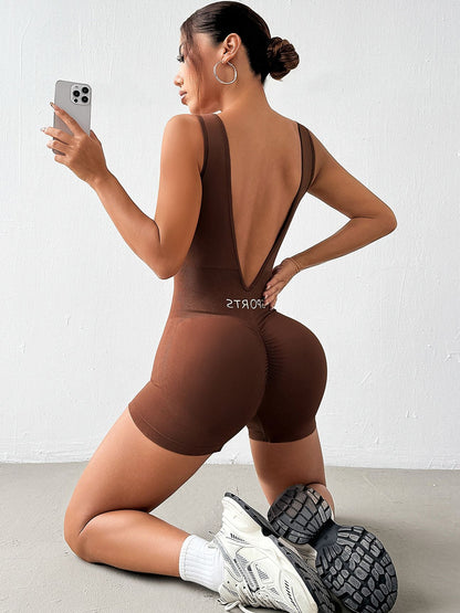 BUYCO Female Fitted Deep V-shaped Waist Backless Hip-lift Elastic Tight Ruched Back Romper