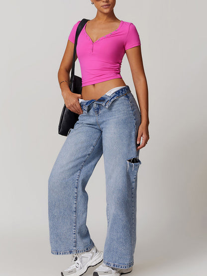 BUYCO Female V-neck Quick Dry Buttons Yoga Short Sleeves