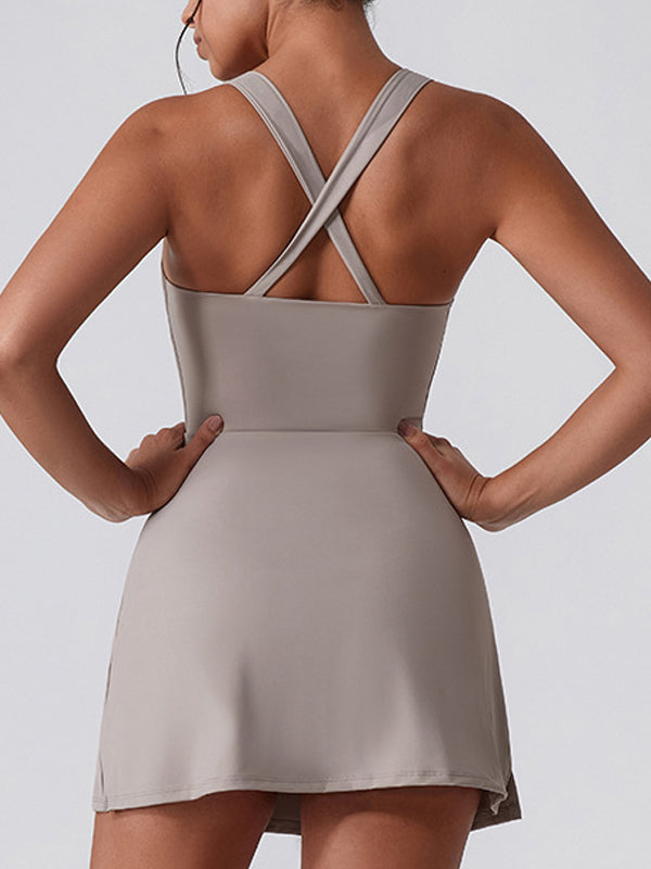 BUYCO Female U Collar I-shaped Zipper Cross Back Quick-dry Dress