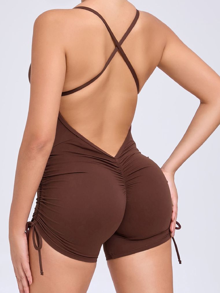 BUYCO Female V-neck Cross Back Ruched Back Drawstring Romper