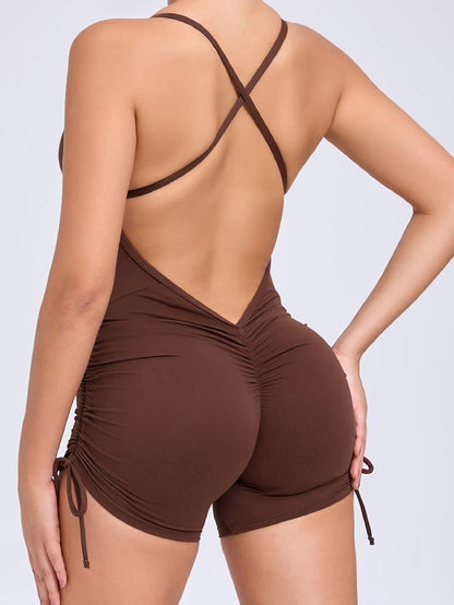 BUYCO Female V-neck Cross Back Ruched Back Drawstring Romper