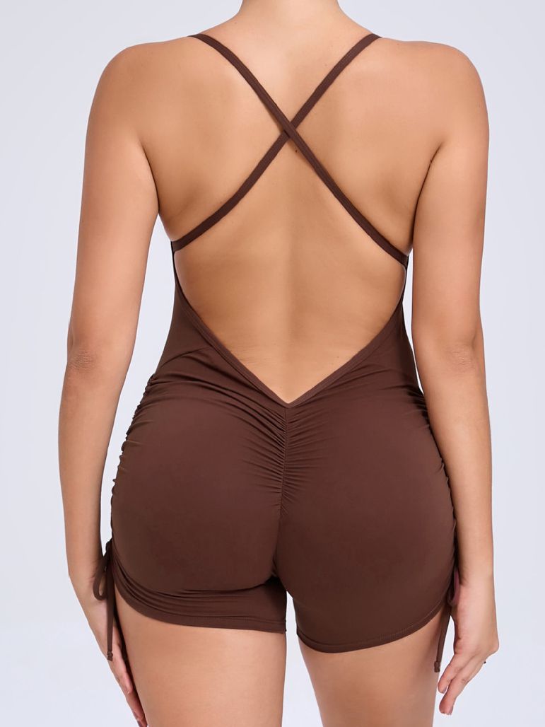 BUYCO Female V-neck Cross Back Ruched Back Drawstring Romper