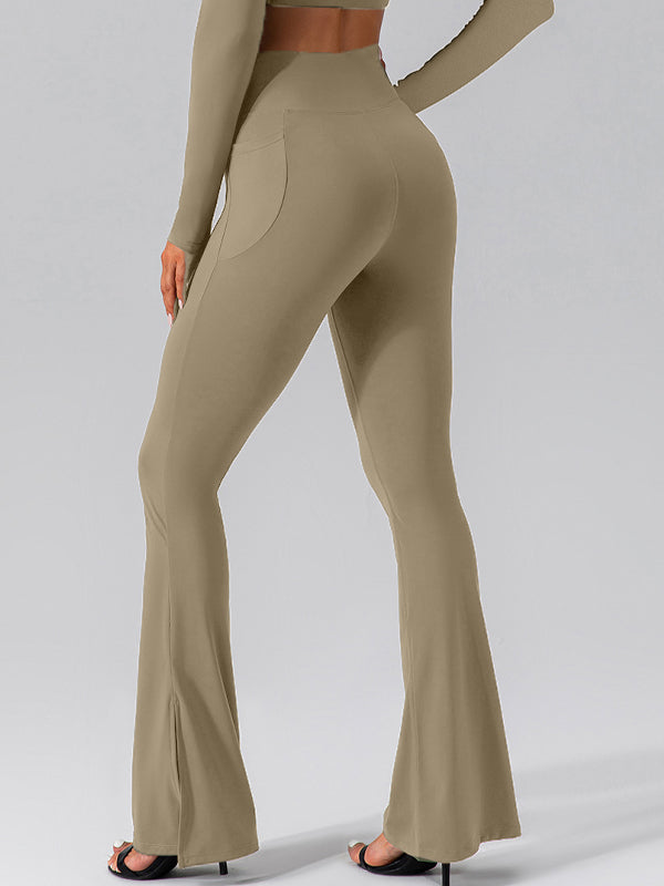 BUYCO Female V-shape Waist Pocket Solid Color Split High-waisted Flare Pants