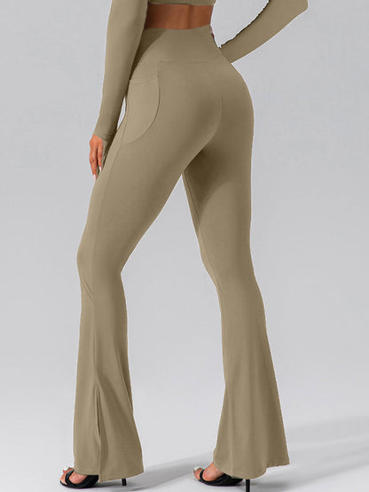 BUYCO Female V-shape Waist Pocket Solid Color Split High-waisted Flare Pants