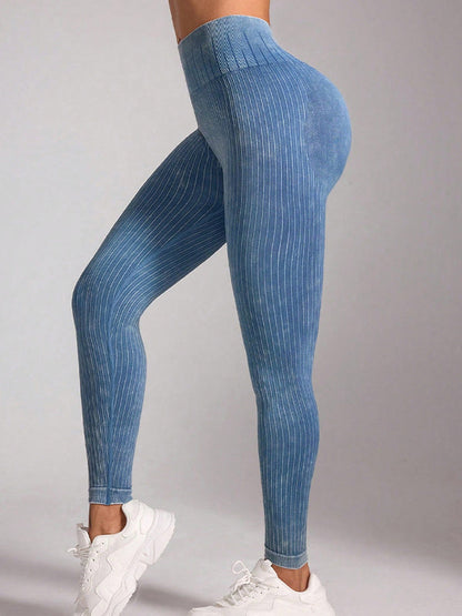 BUYCO Female Denim Ruched Back Hip-lift High-waisted Stripe Leggings