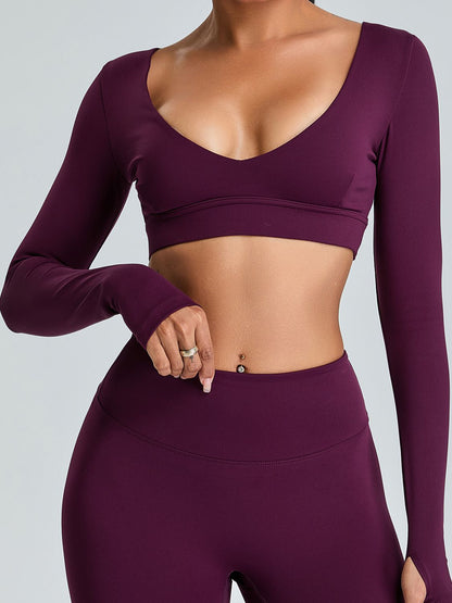 BUYCO Female Solid Color V-neck Elastic Tight Long Sleeves