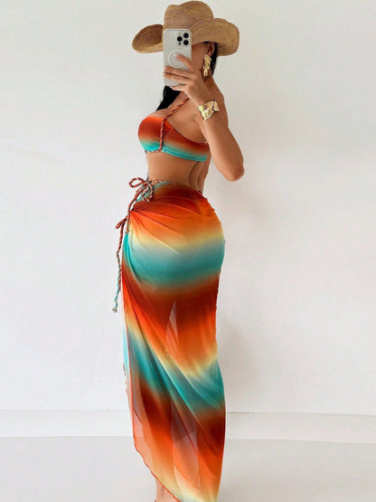 BUYCO Female Fitted Modern Tie-dye Weave Rainbow Contrast Color 3-Pieces Bikini Set