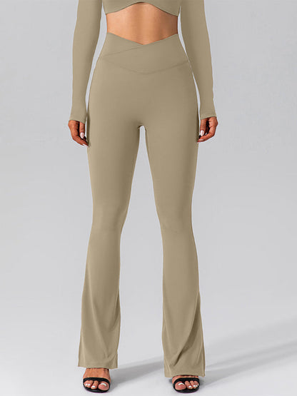 BUYCO Female V-shape Waist Pocket Solid Color Split High-waisted Flare Pants