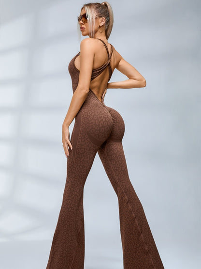 BUYCO Female Fitted Leopard Print Hollow Out Cross Back Deep V Back Jumpsuit