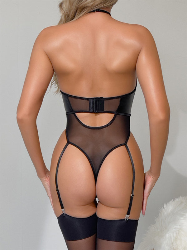 BUYCO Female Fitted Sheer Mesh PU Cutout Bodysuit