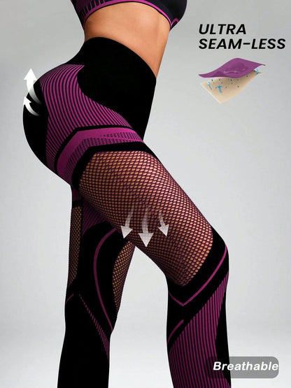 BUYCO Female Contrast Color Fishnet Cross Back Stripe Print Push Up Design Tracksuit