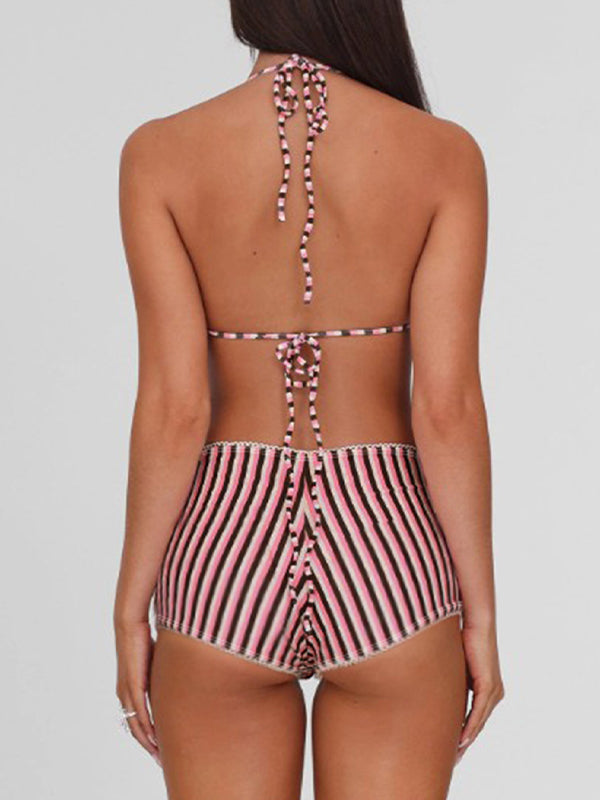 BUYCO Female Stripe Contrast Color Halter Bikini Set