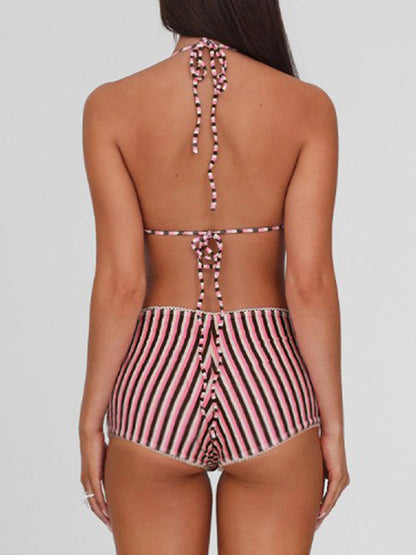 BUYCO Female Stripe Contrast Color Halter Bikini Set