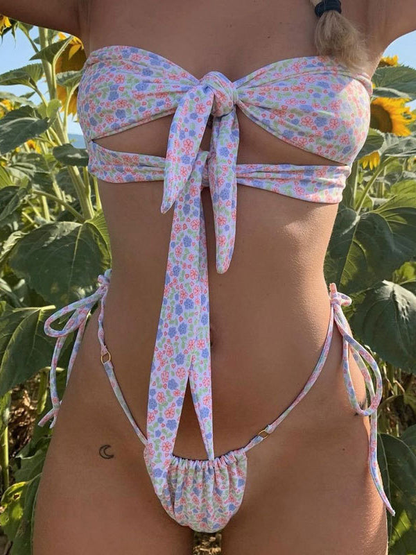 BUYCO Female Fitted Solid Color Bow-knot Cute Print Bikini Set