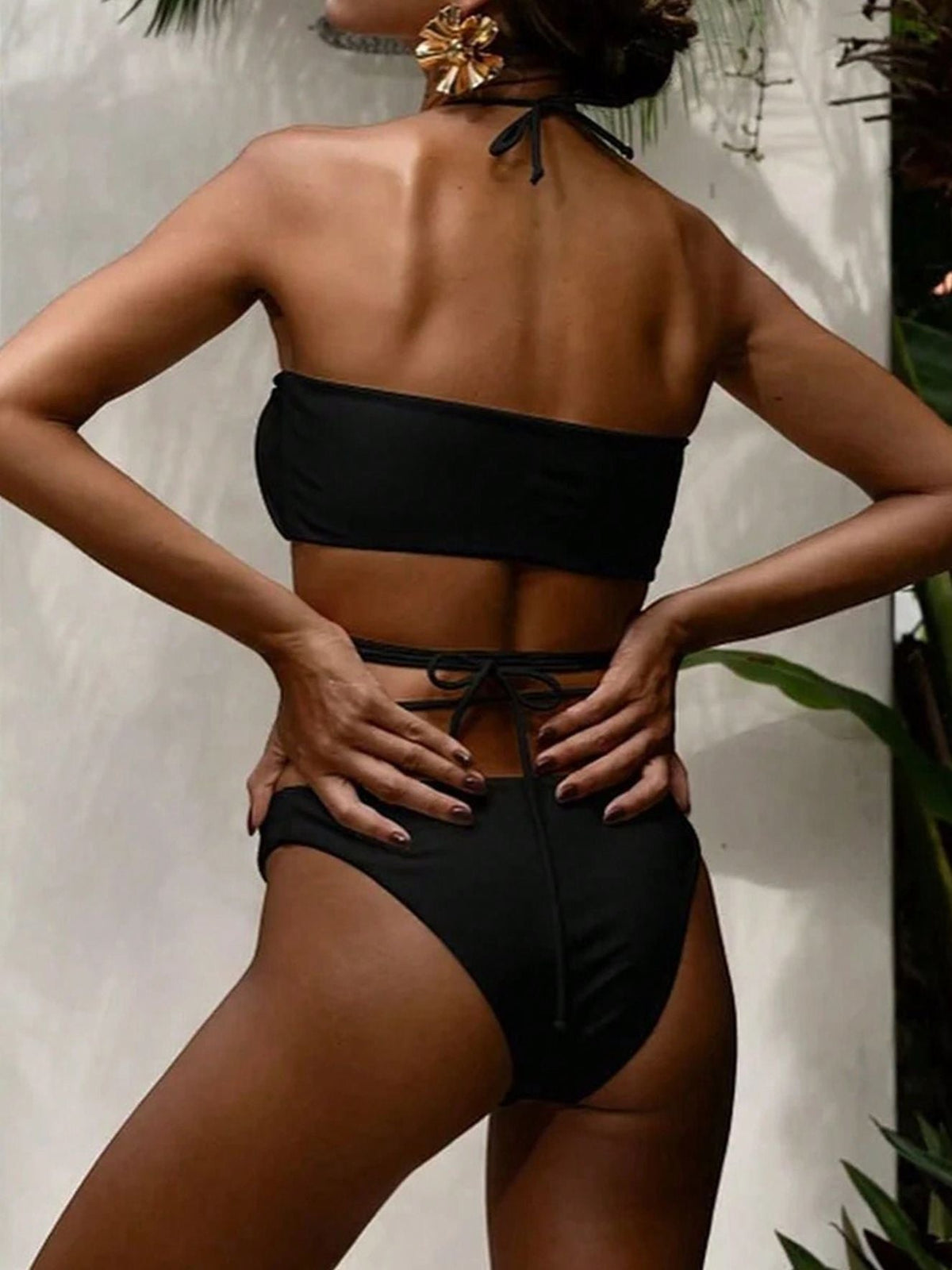 BUYCO Female Solid Color Pearl Lace-up Hollow Out 3-Pieces Mesh Bikini Set