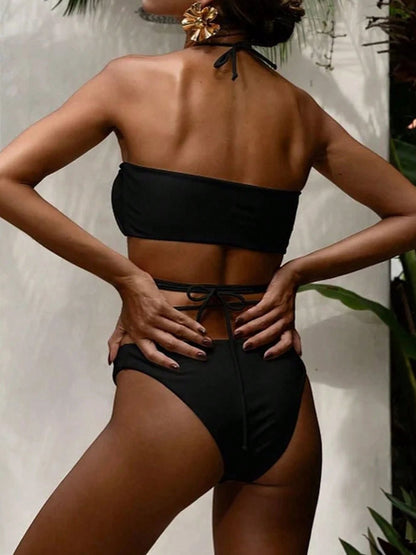 BUYCO Female Solid Color Pearl Lace-up Hollow Out 3-Pieces Mesh Bikini Set