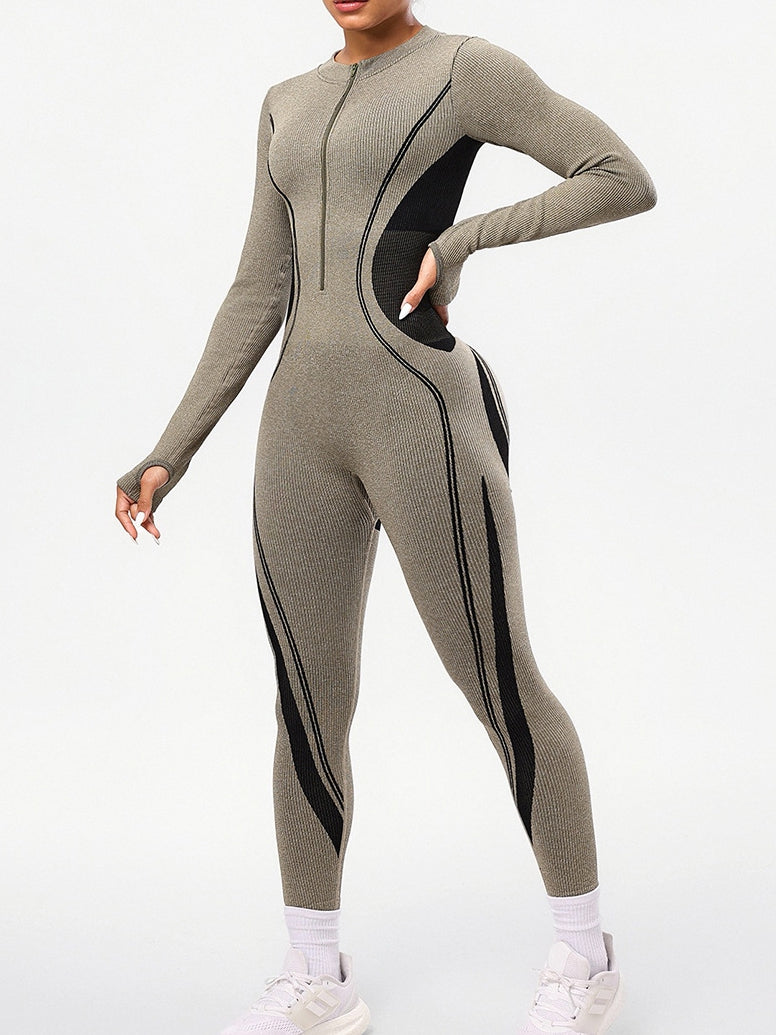 BUYCO Female Contrast Color Stand Up Collar Zipper Elastic Tight Jumpsuit