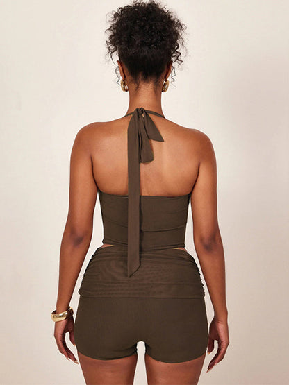 BUYCO Female Elastic Tight Halter Backless Short Tracksuit
