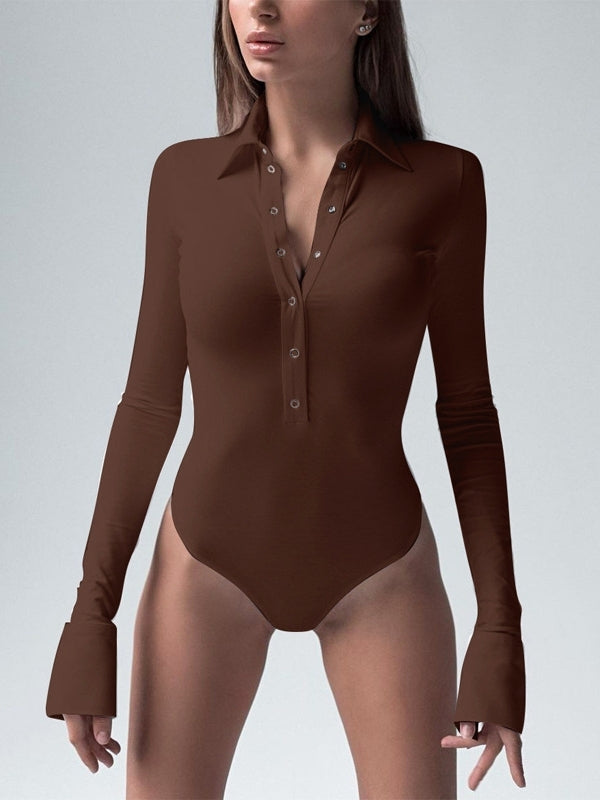 BUYCO Female Lapel Button Long Sleeves Bodysuit