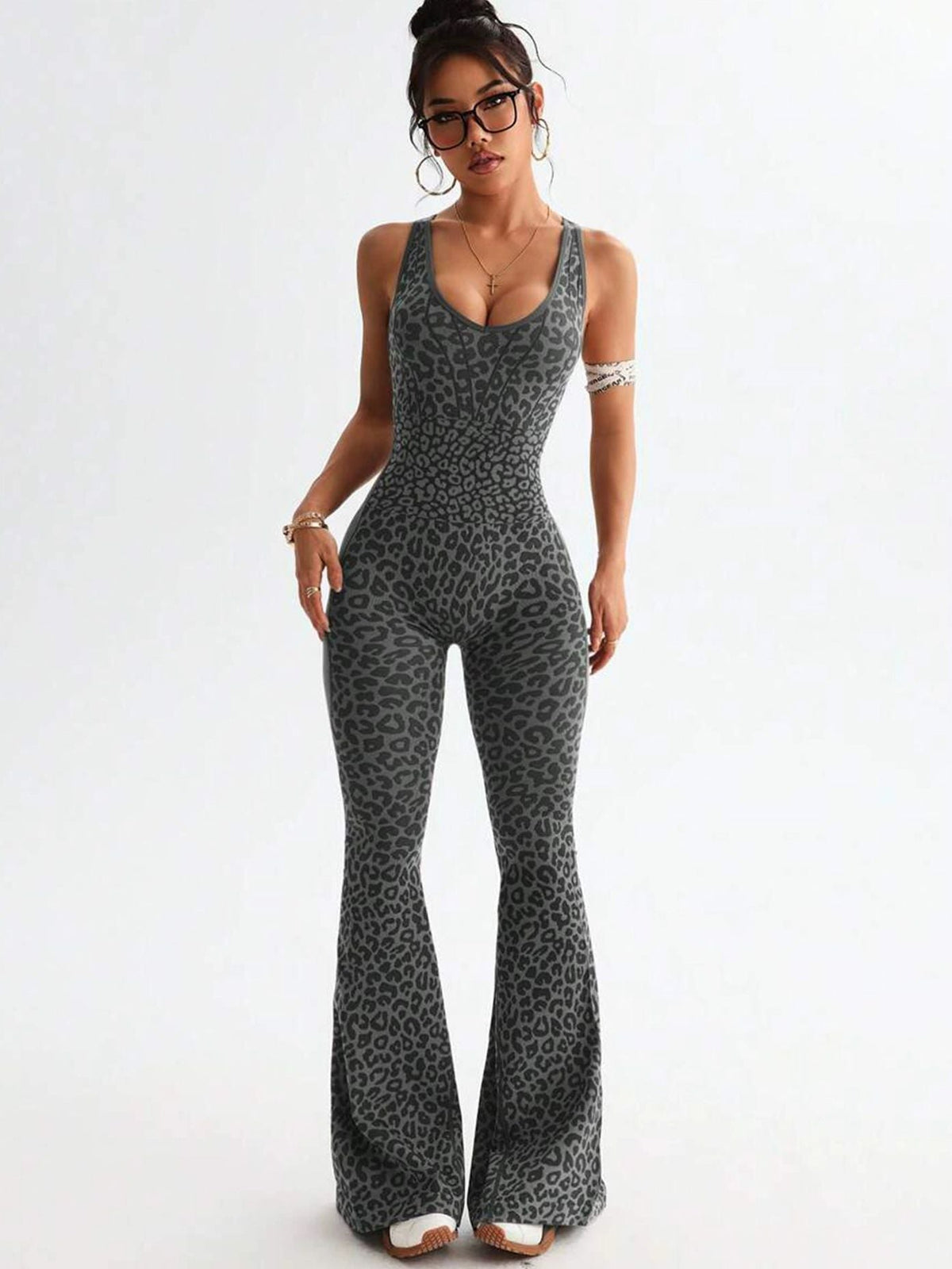 BUYCO Female Fitted Leopard Print Hollow Out Cross Back Deep V Back Jumpsuit