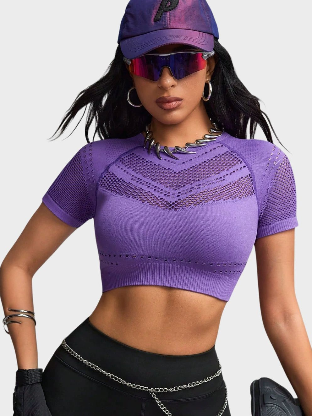 BUYCO Female Solid Color Fishnet Breathable Yoga Short Sleeves