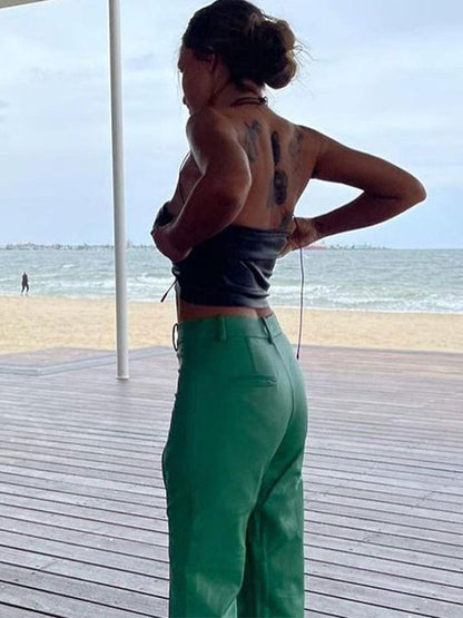 BUYCO Female Fitted Faux Leather Backless Lace-up Sports Bras