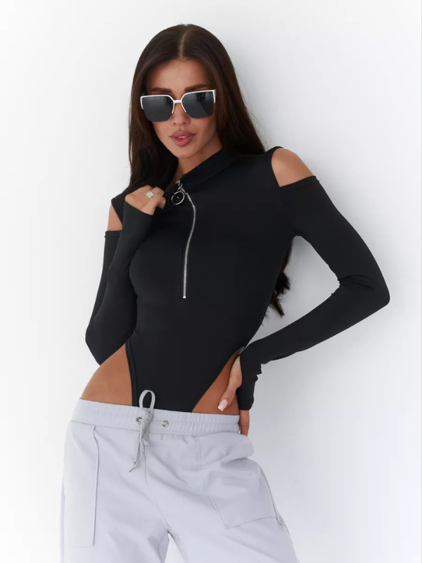 BUYCO Female Fitted Hollow Out Off Shoulder Zipper Long Sleeve Bodysuit