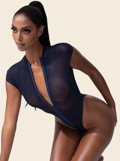 BUYCO Female Fitted Mesh Metal Buckle Short Bodysuit