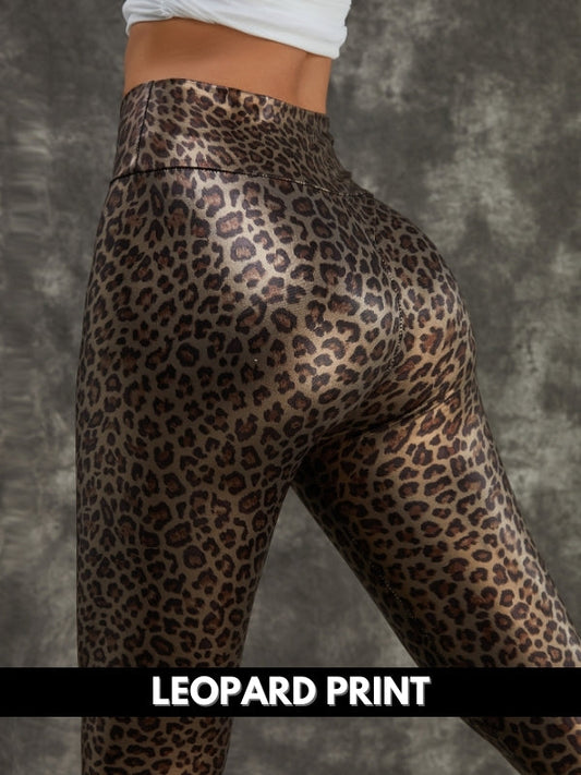 BUYCO Female PU Faux Leather Leopard Print Leggings