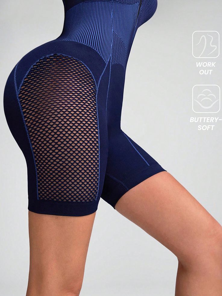 BUYCO Female Hollow Out Net Zipper Push Up Design Elastic Tight Romper