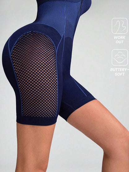 BUYCO Female Hollow Out Net Zipper Push Up Design Elastic Tight Romper