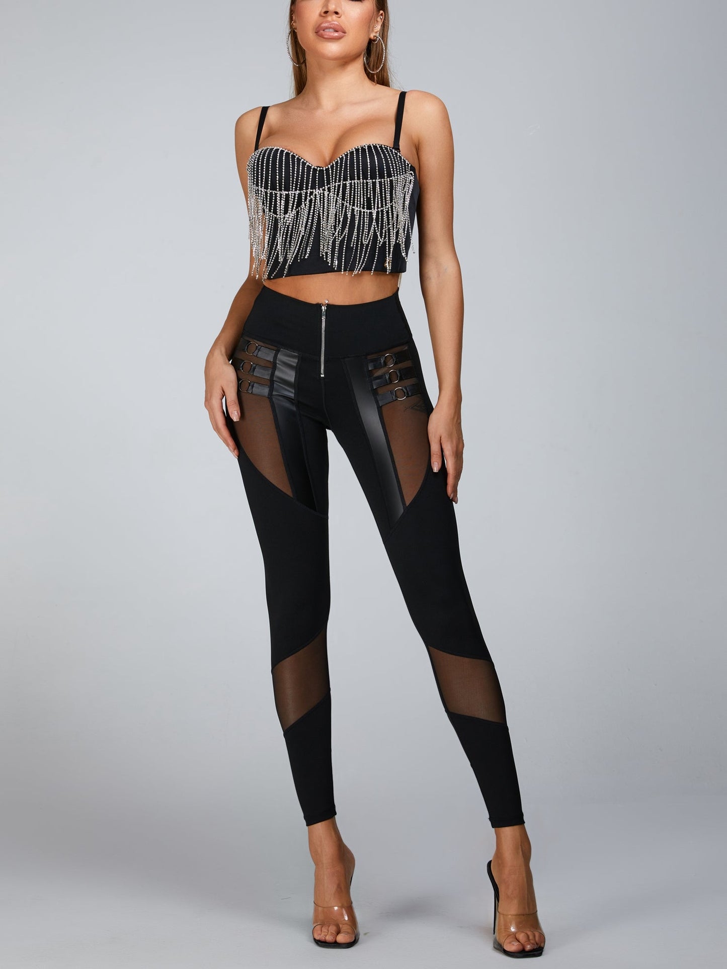 BUYCO Female “Stitching Fitted” Cutout Mesh Beading Tassel Corset Tracksuit