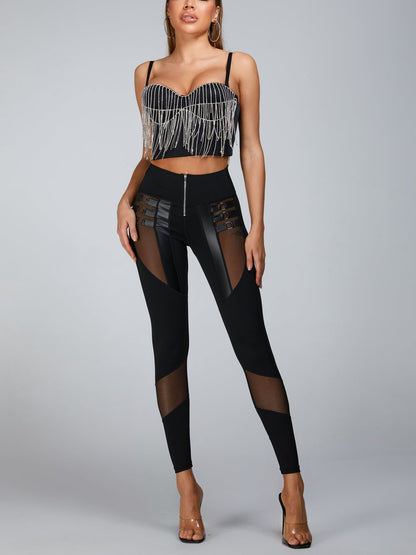 BUYCO Female “Stitching Fitted” Cutout Mesh Beading Tassel Corset Tracksuit