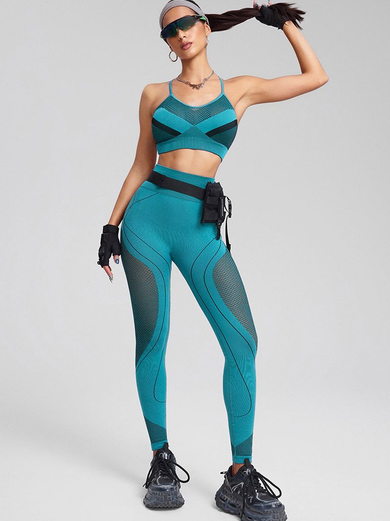 BUYCO Female Contrast Color Cross Back Fishnet Stripe Print Tracksuit