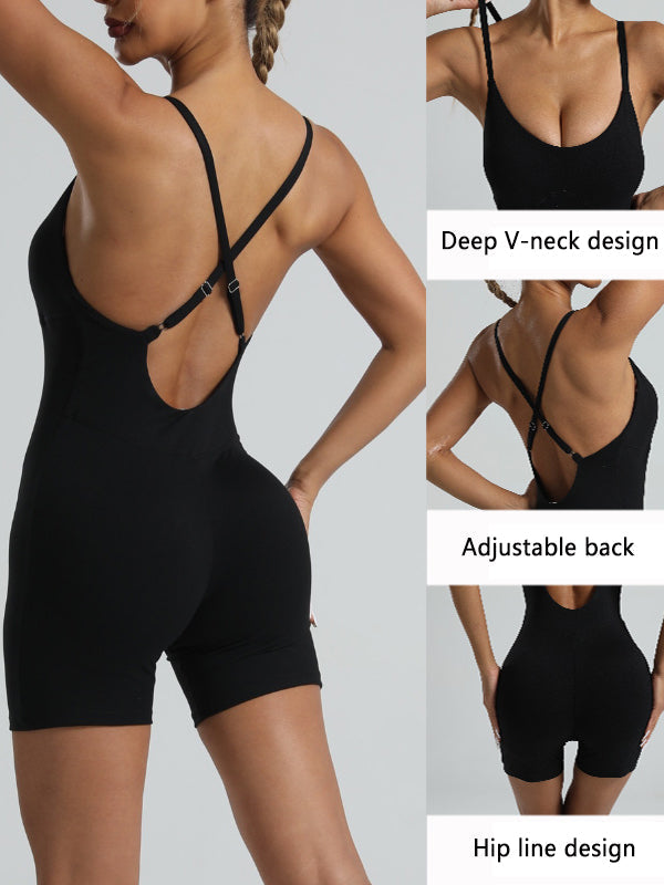 BUYCO Female Cross Back Adjustable Shoulder Straps Deep V Hollow Out Ruched Back Romper