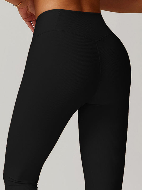 BUYCO Female Ribbed High-waisted Hip-lift Quick Dry Elastic Tight Leggings