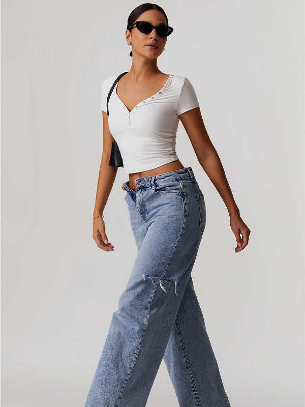 BUYCO Female V-neck Quick Dry Buttons Yoga Short Sleeves