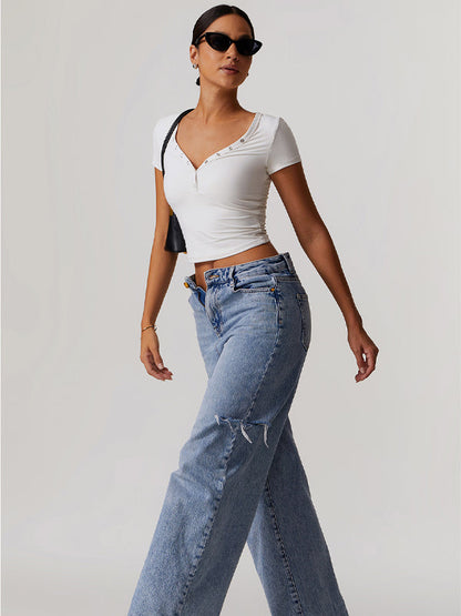 BUYCO Female V-neck Quick Dry Buttons Yoga Short Sleeves