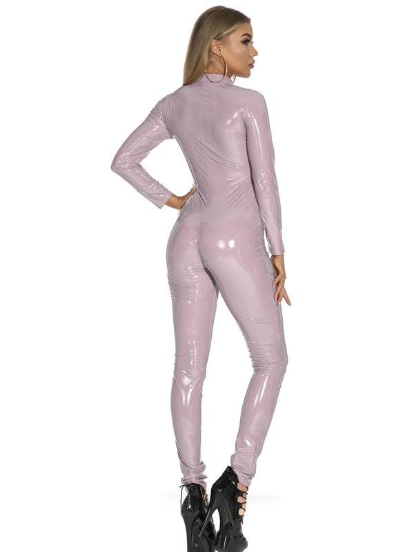 BUYCO Female Zipper Glossy PU Faux Leather Jumpsuit