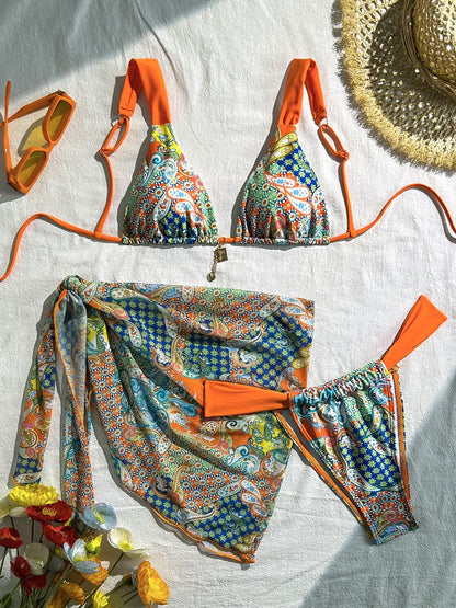 BUYCO Female Fitted Flowers Print Contrast Color Mesh 3-Pieces Bikini Set