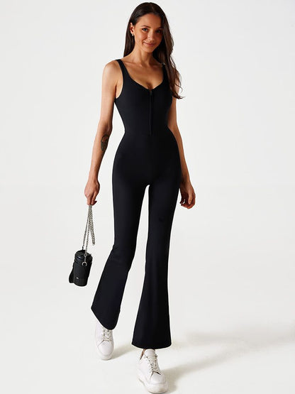 BUYCO Female Solid Color Zipper Flare Seamless Jumpsuit