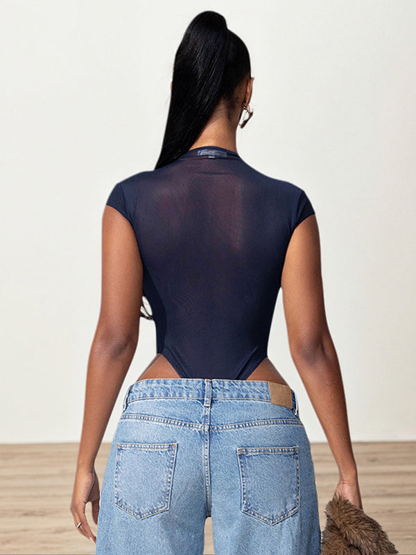 BUYCO Female Fitted Mesh Metal Buckle Short Bodysuit