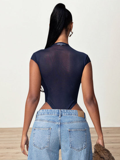 BUYCO Female Fitted Mesh Metal Buckle Short Bodysuit