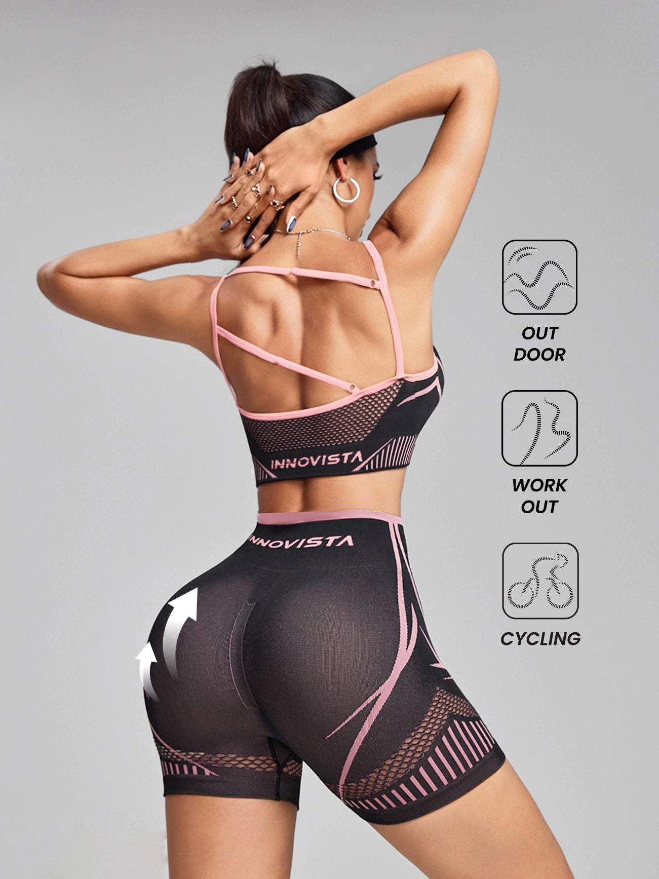 BUYCO Female Fishnet Cross Back Stripes Contrast Color Short Tracksuit