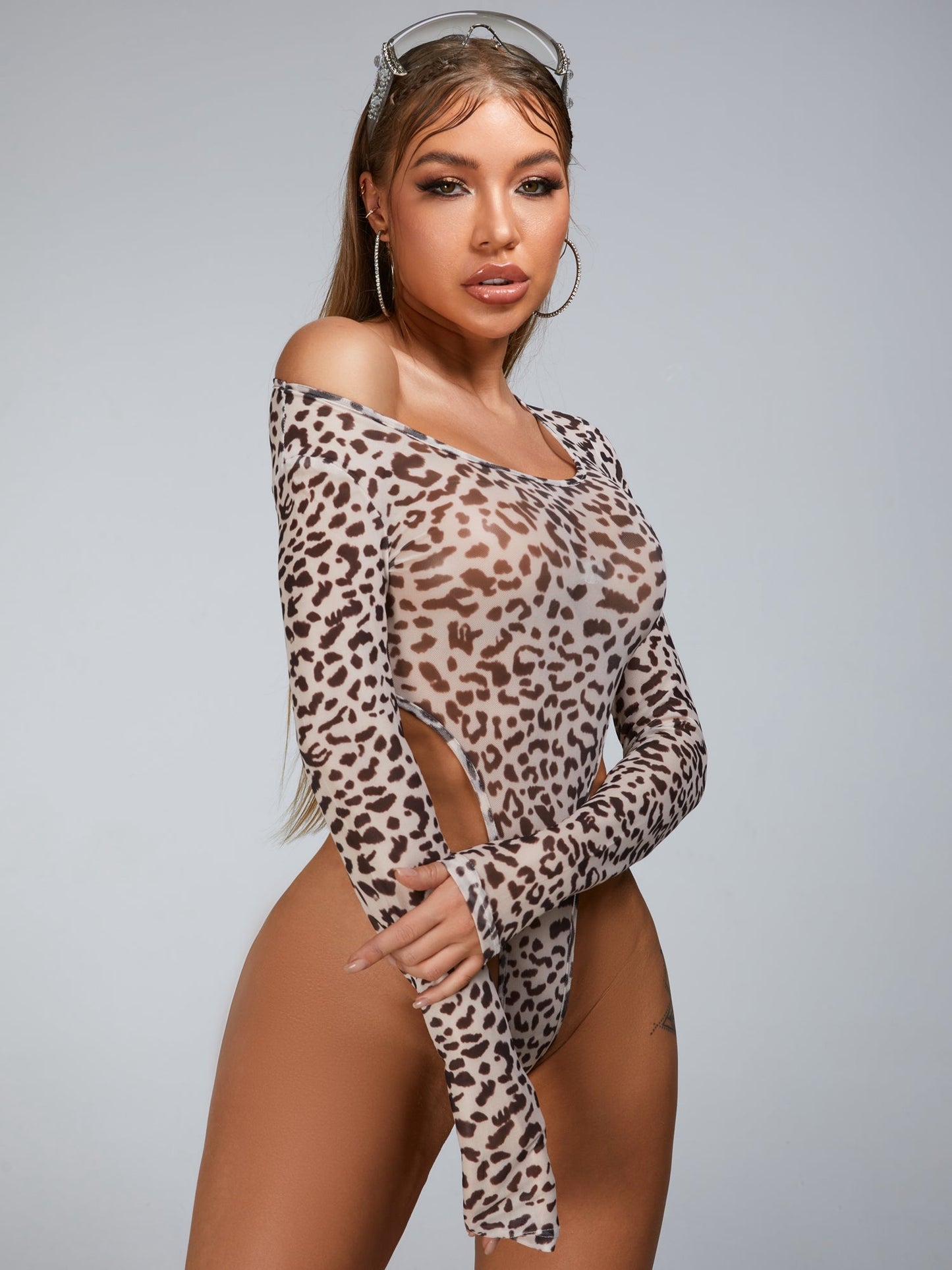 BUYCO Female Fitted Leopard Print Mesh Bodysuit