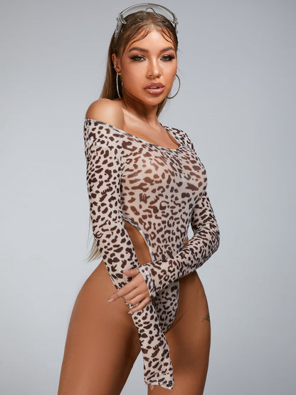 BUYCO Female Fitted Leopard Print Mesh Bodysuit