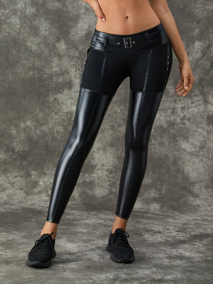 BUYCO Female PU Glossy Metal Buttons Hip-lift Leggings